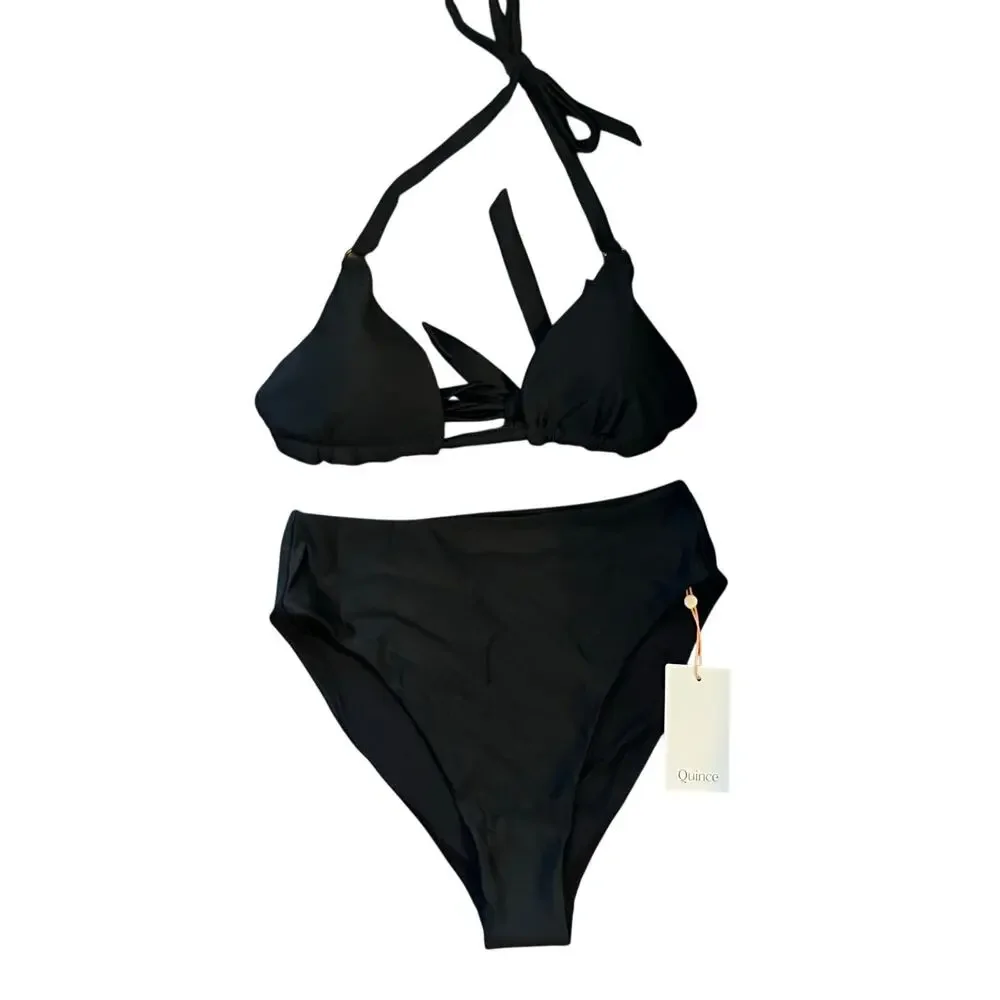 Quince Triangle Bikini Top and High Rise Bottom in Black Size M NWT!